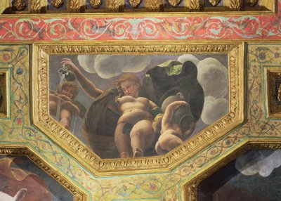 A nymph pouring water from a jug, a putto urinating and another putto holding an urn, ceiling caisson from the Sala di Amore e Psiche, 1528 by Giulio Romano